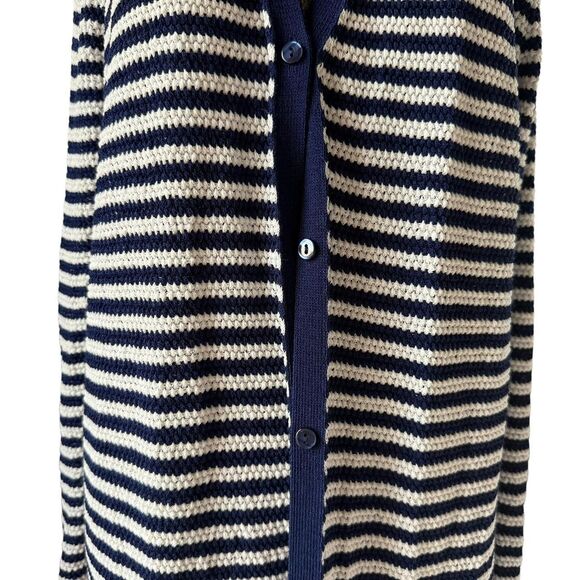 ZARA Long Crochet Knit Striped Cardigan Navy White Size L - Picture 5 of 5